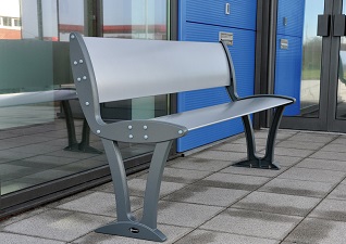Alturo™ Seat in metal finish with backrest outside modern glass and blue building