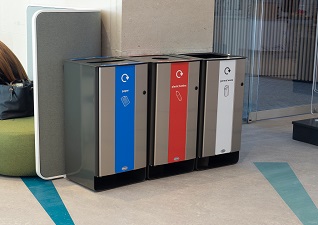Electra™ Indoor Recycling Bins for paper, plastic bottles and general waste, located in students union