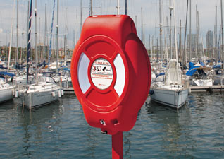 Guardian™ Lifebuoy Housing in red with white sticker, post mounted at port