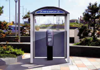 Modus™ Shelter pay and display station in communal car park with pay and display machine