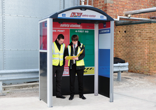 Modus™ Multi-Purpose Shelter used as safety station with two people in high visibility vests
