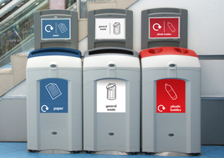 Nexus® 100 Recycling Bin for 3 waste streams by escalators