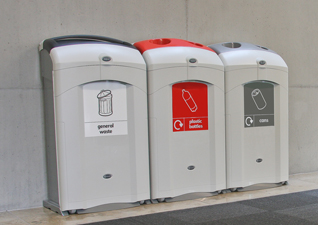 Nexus® 100 indoor recycling bins bank of three bins for general waste, plastic bottles and cans