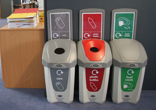 Nexus® 30 Indoor Recycling Bins for cans, plastic bottles and food waste with sign kits