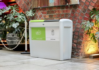 Nexus® Evolution indoor double recycling bin container inside leisure center for general waste and mixed recyclables