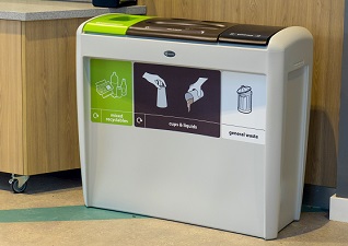 Nexus® Evolution Trio Cup Recycling Station for mixed recyclables, cups and liquids and general waste in canteen