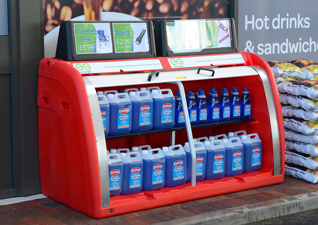 Orion™ Petro Forecourt Storage Bunker in red, holding promotion products and deals