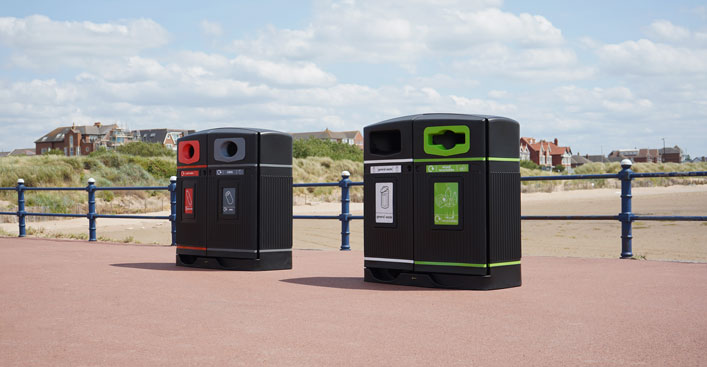Two Glasdon Jubilee Duo Recycling Bins on the Beach