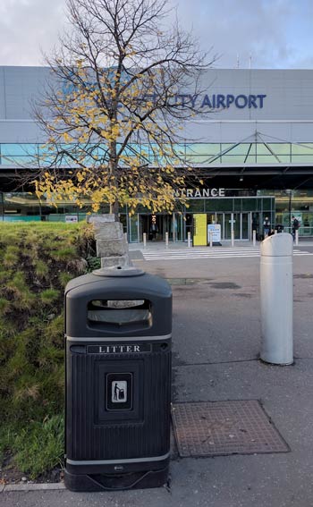 Glasdon Jubilee 110 Litter Bin outside the George Best Belfast City Airport entrance