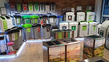 Selection of Glasdon recycling bins inside the new showroom in London