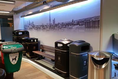 New Glasdon showroom in Central London with a selection of street furniture products