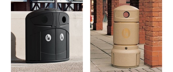 A Mini Plaza Litter Bin with a restricted aperture and a Nexus 200 Litter Bin with restricted aperture