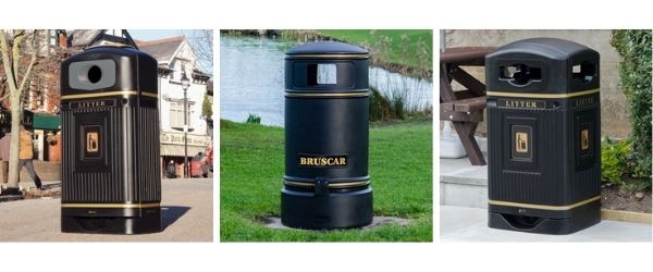 Three restricted aperture litter bins - Streamline Jubilee, Glasdon Jubilee 110 and the Topsy Jubilee