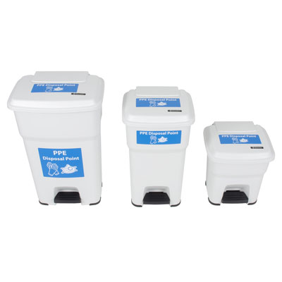 Hands-Free PPE Bins 3 Sizes 35 BigFoot PPE Pedal Bin White, Blue Stickers 60 Litre Model with Lid & Body Graphic 60 or 85 L Foot-Operated Waste Bins to Collect Used PPE 